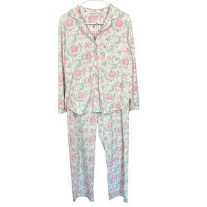 Miss Elaine Pajama Set Women’s M Pink Floral Button Top & Pants Lounge Sleepwear